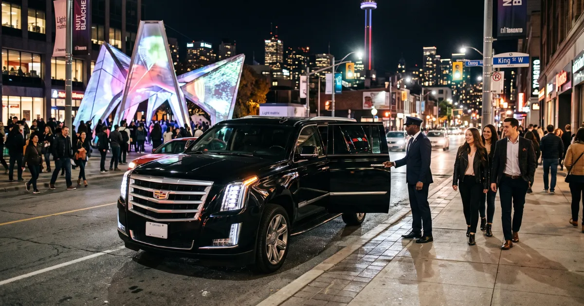 Private transportation arriving near Nuit Blanche Toronto at night