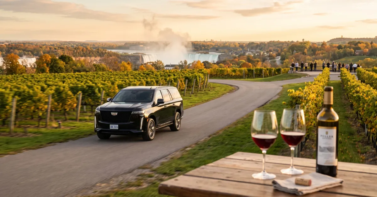 Cadillac Escalade SUV limo at Niagara Falls for Toronto wine tour