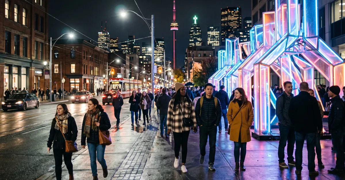 Visitors walking between Nuit Blanche Toronto art installations at night